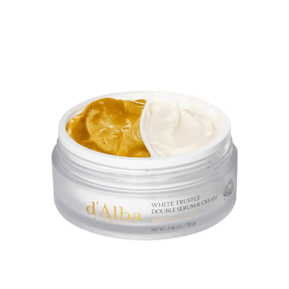d'Alba White Truffle Double Serum & Cream kombinerer et serum og en krem i en praktisk todelt krukke. Dette produktet gir intens fuktighet og næring takket være hvit trøffel-ekstrakt, som gir huden en strålende og fastere følelse.