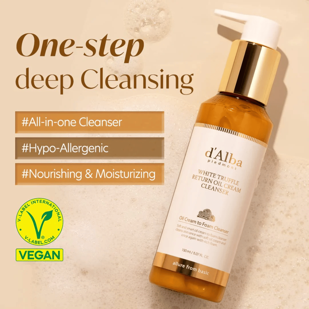 d'Alba White Truffle Return Oil Cream Cleanser er en vegansk, hypoallergen rensekrem med ett-stegs dyp rensing. Denne alt-i-ett rengjøreren er nærende og fuktighetsgivende, og forvandles fra olje til skum for å effektivt rense huden og etterlate den myk og frisk.