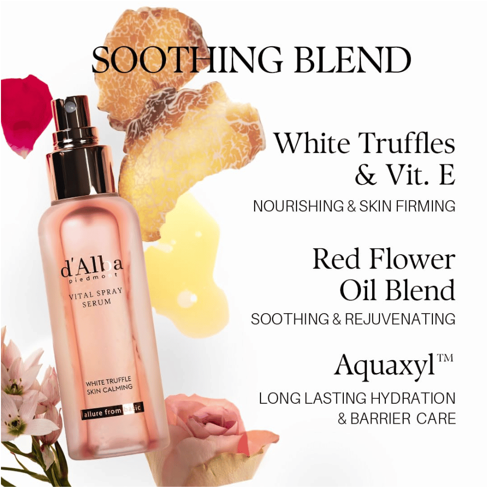 d'Alba White Truffle Vital Spray Serum – hvit trøffel, vitamin E, blomsteroljer og Aquaxyl for fuktighet og barrierepleie