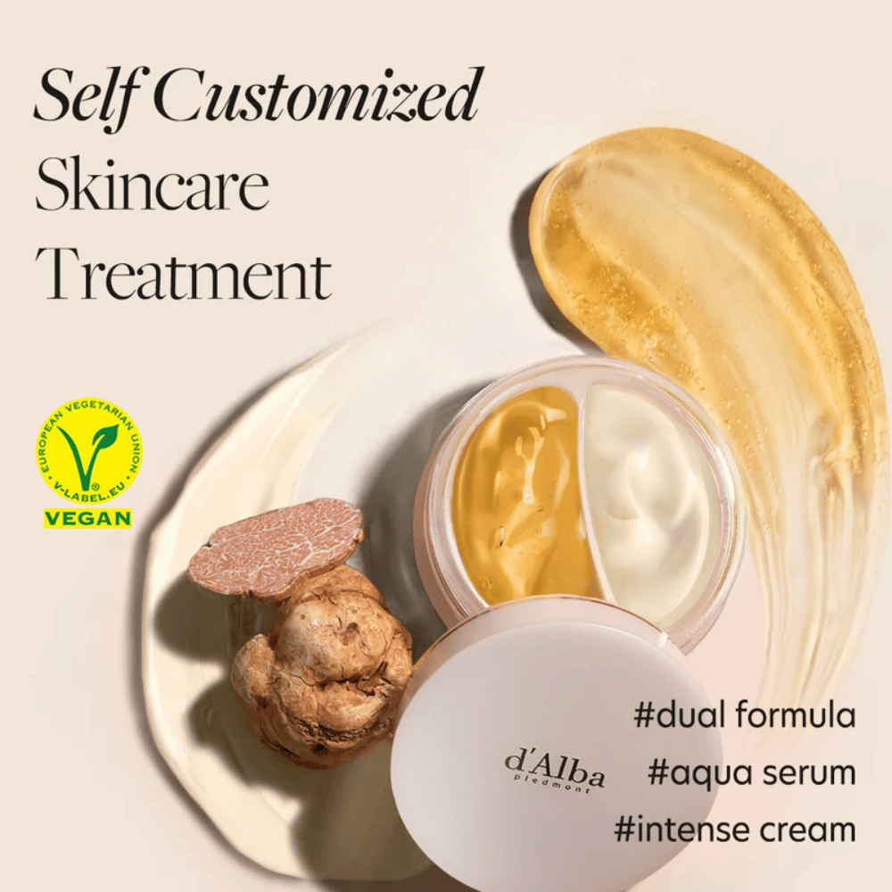 d'Alba White Truffle Double Serum & Cream er et vegansk hudpleieprodukt som tilbyr en personlig hudpleieopplevelse. Den har en dobbelformel med både et aqua serum og en intensiv krem, perfekt for å fukte og styrke huden.