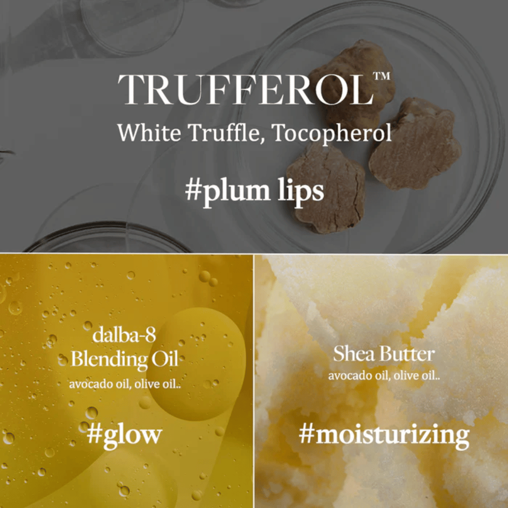 Ingrediensbilde med White Truffle, Tocopherol, Blending Oil og Shea Butter for d'Alba Nourishing Serum Lip Balm, markert med hashtags #plum lips, #glow og #moisturizing.