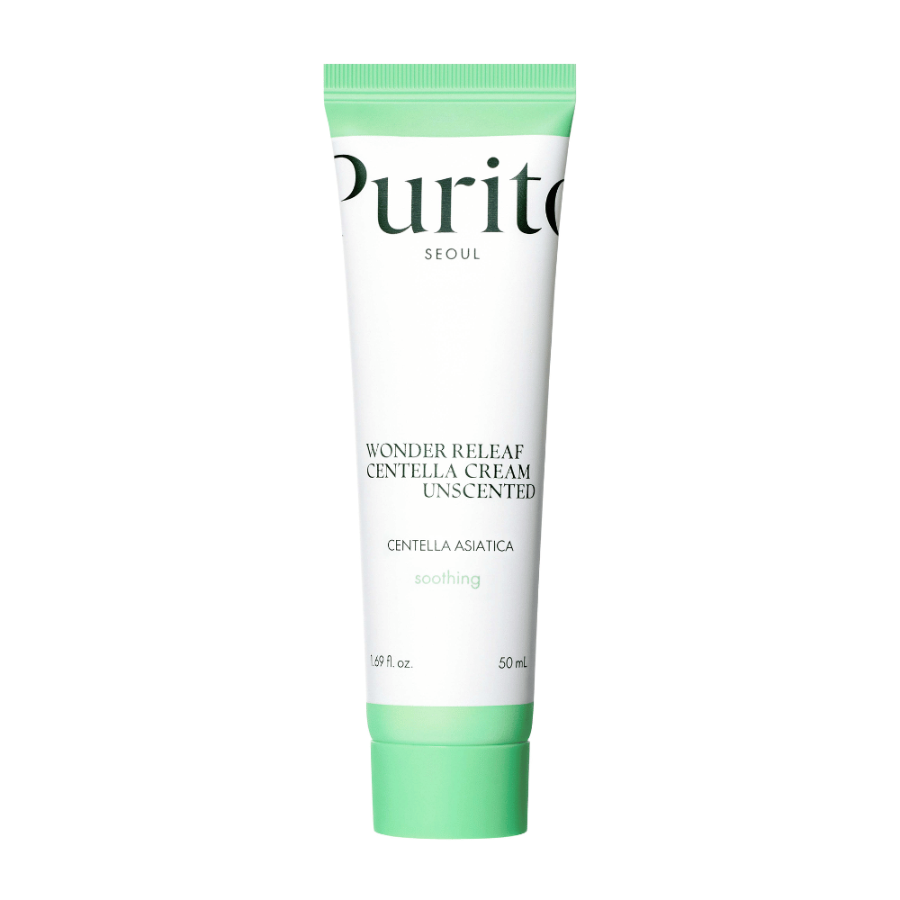 Purito Wonder Releaf Centella Cream Unscented er en fuktighetsgivende og beroligende ansiktskrem med Centella Asiatica-ekstrakt. Den parfymefrie formelen styrker hudbarrieren og lindrer irritasjon, noe som gjør den ideell for sensitiv hud.