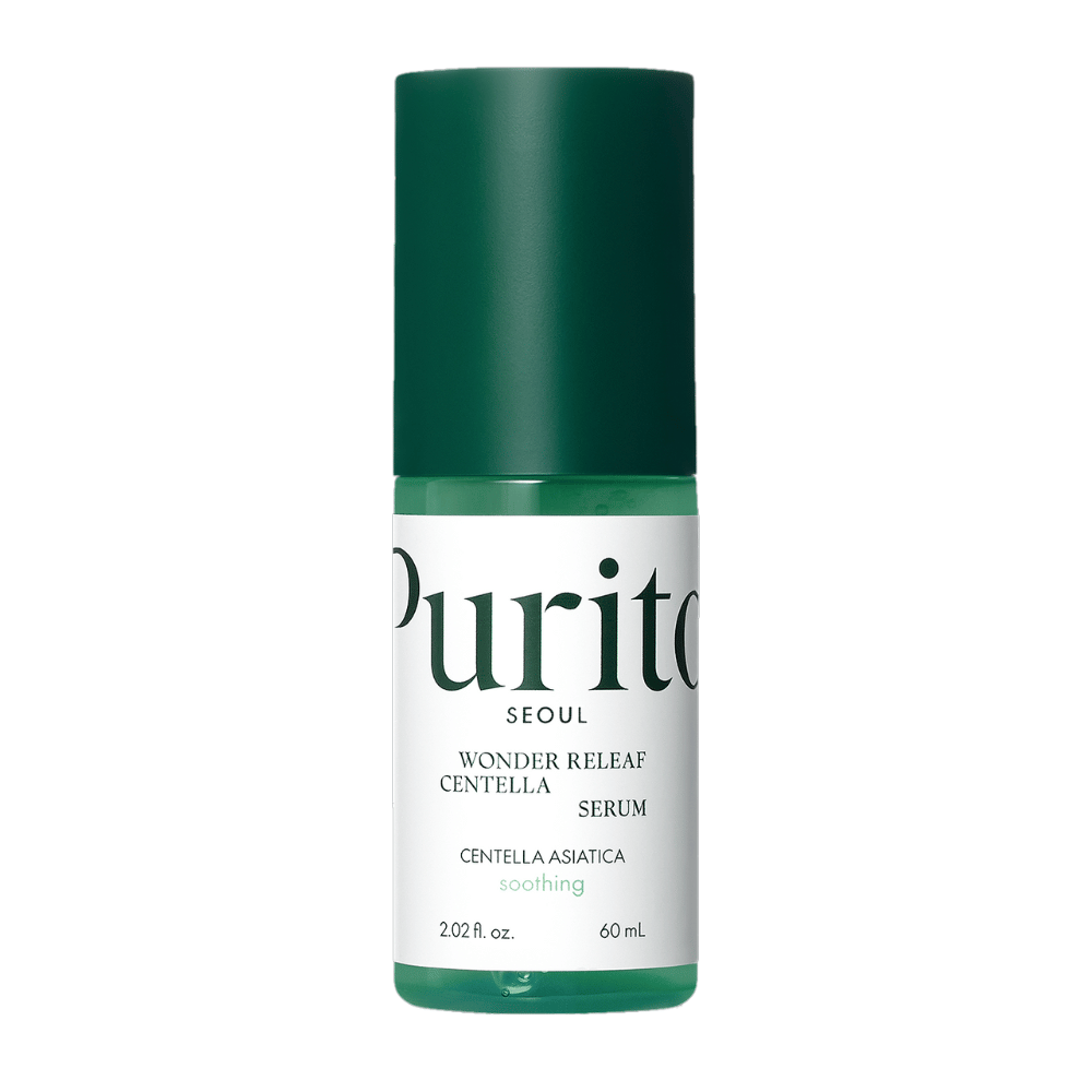 Purito Wonder Releaf Centella Serum i en grønn og hvit flaske med 60 ml innhold, sentrert mot hvit bakgrunn.