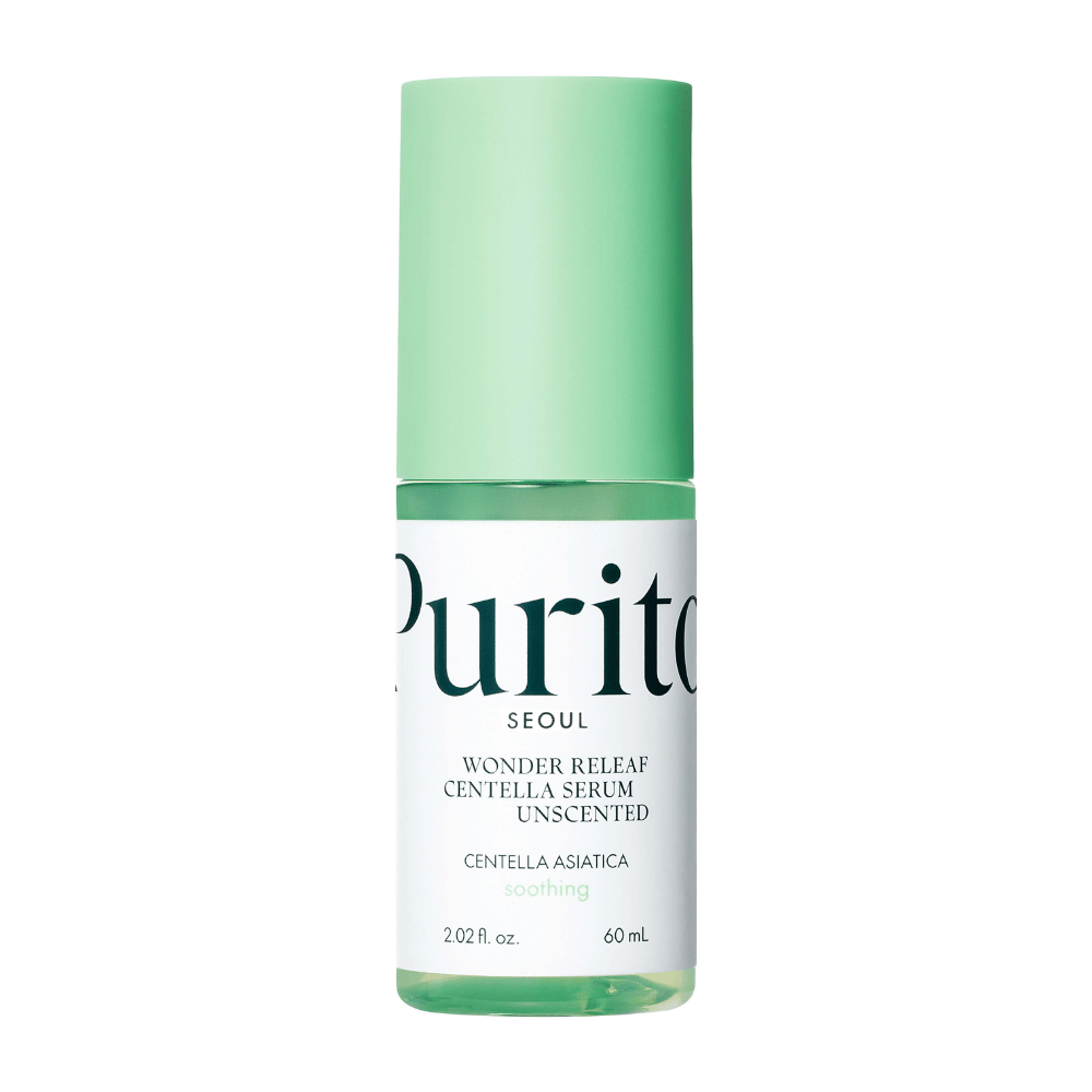 Lukket flaske av Purito Wonder Releaf Centella Serum, duftfri, mot en hvit bakgrunn.