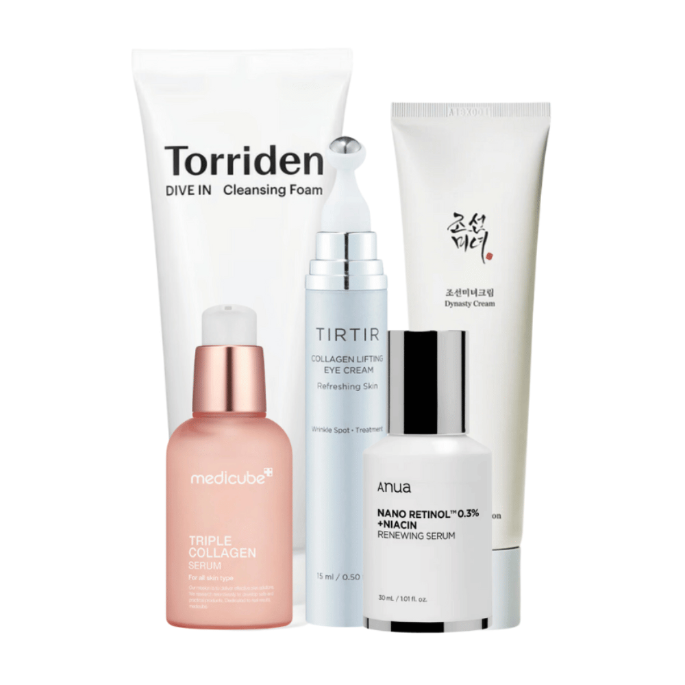 Dette settet, "Youthful Radiance Anti-Aging Kit", inkluderer en rekke hudpleieprodukter for å revitalisere og pleie moden hud. Settet inneholder Torriden Dive In Cleansing Foam, Tirtir Collagen Lifting Eye Cream, Medicube Triple Collagen Serum og Anua Nano Retinol 0.3% + Niacin Renewing Serum sammen med Beauty of Joseon Dynasty Cream.