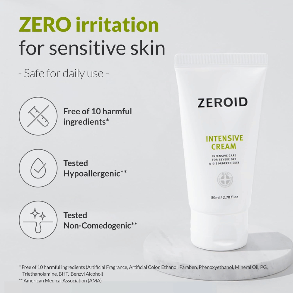 ZEROID Intensive Cream er utviklet for sensitiv hud og er fri for ti vanlige ingredienser som kan forårsake irritasjon. Kremen er hypoallergent testet, ikke-komedogen og passer for daglig bruk.