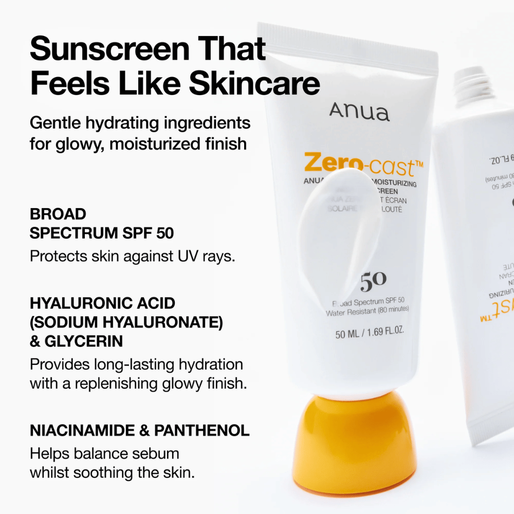 Nærbilde på ANUA Zero-Cast Moisturizing Sunscreen med SPF 50 – solkrem i hvit tube med oransje kork, viser tekst om ingredienser som hyaluronsyre, niacinamid og panthenol for fuktet, beskyttet hud.