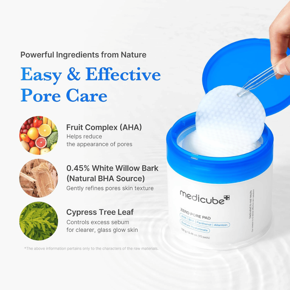 Medicube Zero Pore Pad 2.0 med AHA, BHA og sypressekstrakt. Åpen krukke der en eksfolierende pad løftes opp med pinsett.