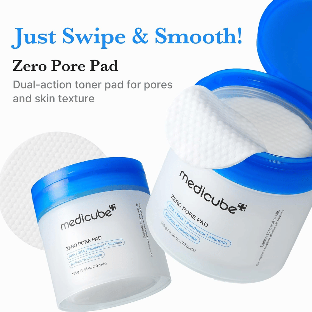 Medicube Zero Pore Pad 2.0 med eksfolierende pads for porepleie og jevnere hudstruktur. Åpen krukke med hvite bomullspads.