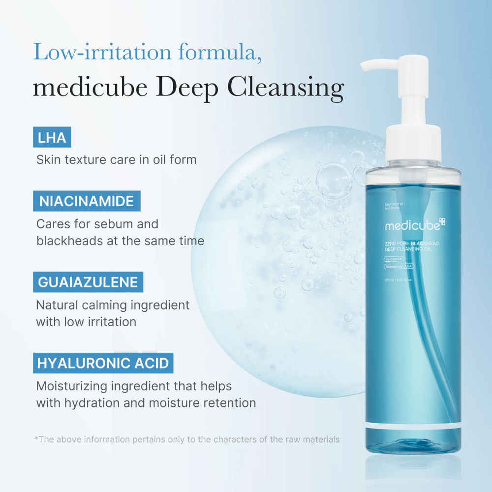 Medicube Zero Pore Blackhead Deep Cleansing Oil med ingrediensene LHA, Niacinamide, Guaiazulene og Hyaluronic Acid presentert som nøkkelfunksjoner for skånsom og effektiv rensing.