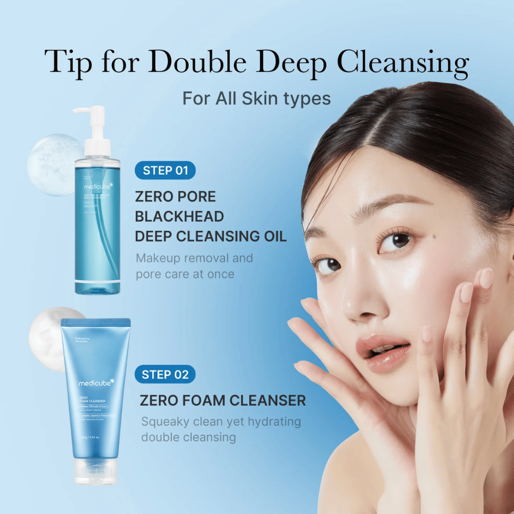Reklamebilde for Medicube dobbeltrens med Zero Pore Blackhead Deep Cleansing Oil og Zero Foam Cleanser, sammen med en kvinne som viser sin rene og fuktede hud.
