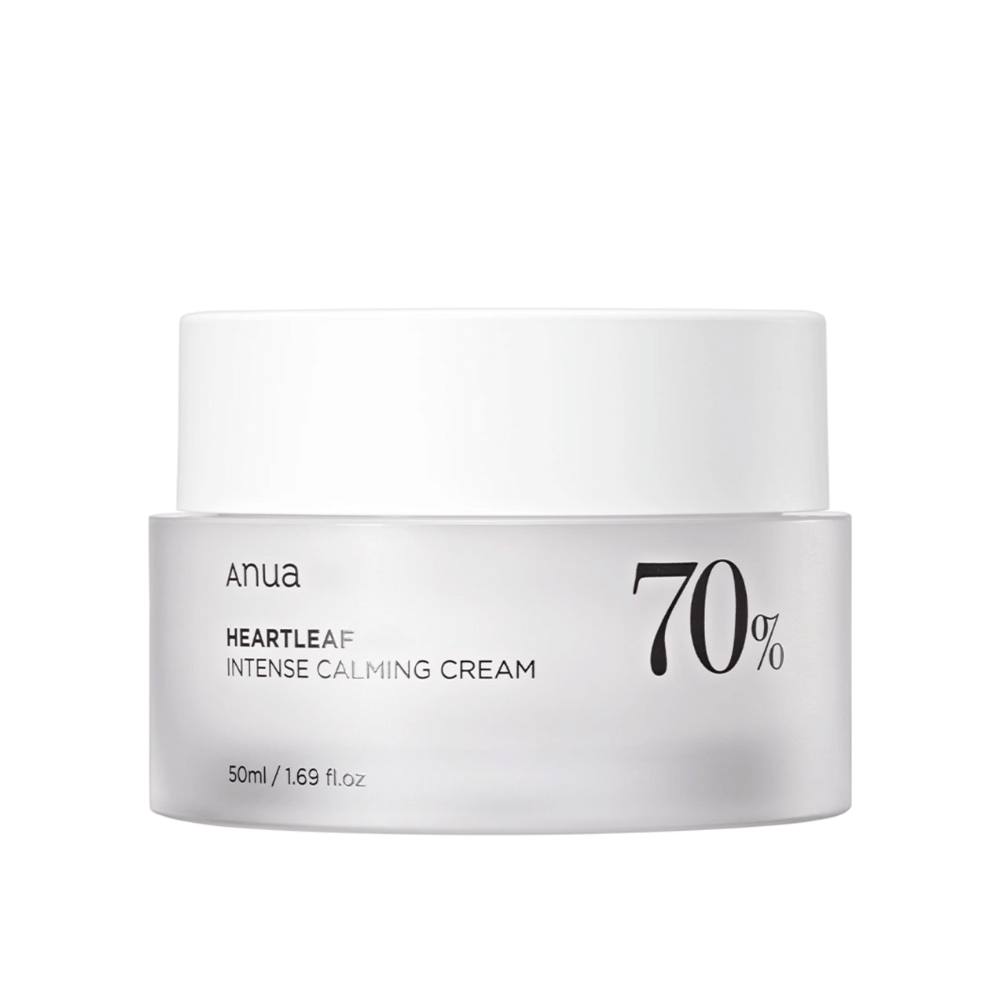 Hvit boks med "Anua Heartleaf Intense Calming Cream" med "70%"-merking, merket med et volum på "50ml/1.69 fl.oz."