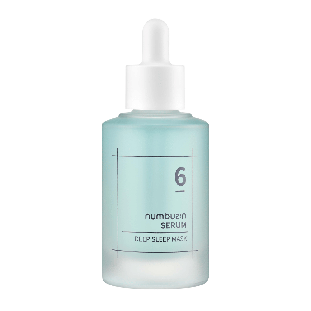numbuzin No. 6 Deep Sleep Mask Serum i blå frostet flaske med pipette, designet for dypt fuktighetsgivende hudpleie.