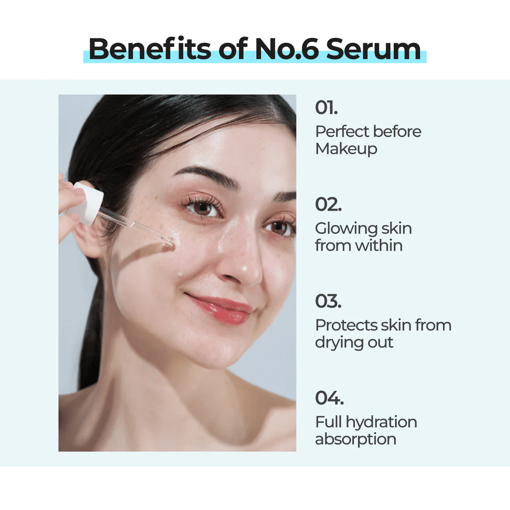 Kvinne påfører numbuzin No. 6 Deep Sleep Mask Serum med pipette, som gir glød, beskytter mot tørrhet og absorberes fullt av huden.