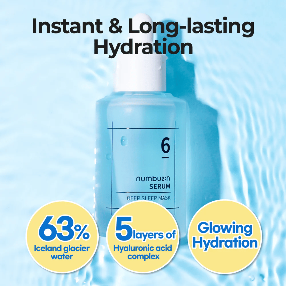 numbuzin No. 6 Deep Sleep Mask Serum med 63% isbrevann og 5 lag hyaluronsyre, for intensiv og langvarig fuktighet.