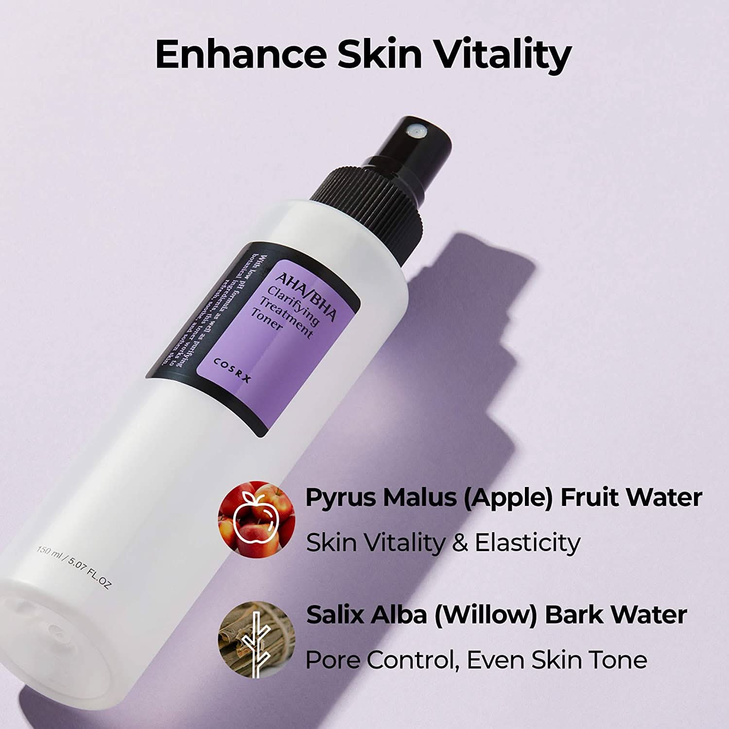 En flaske COSRX AHA/BHA Clarifying Treatment Toner 150ml rettet mot hudormer.