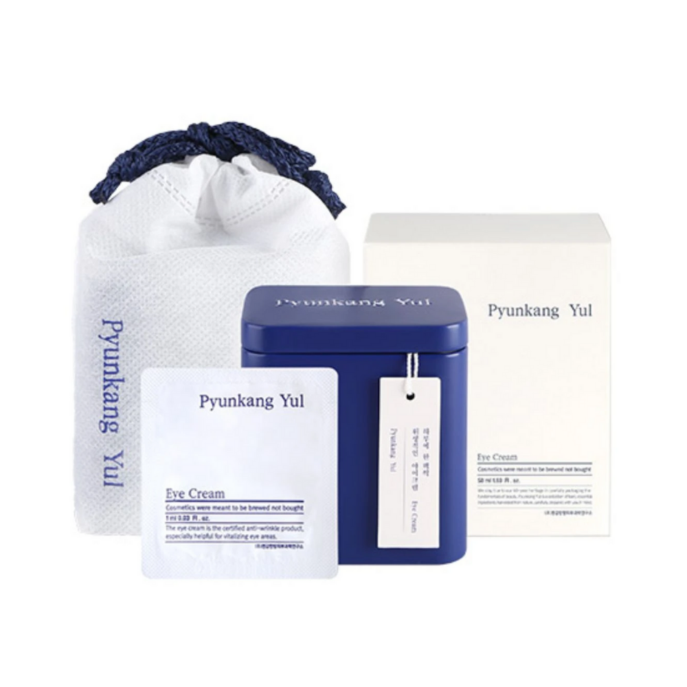 En pakke med en blå pose og en hvit boks for Pyunkang Yul Eye Cream 1ml x 50stk.