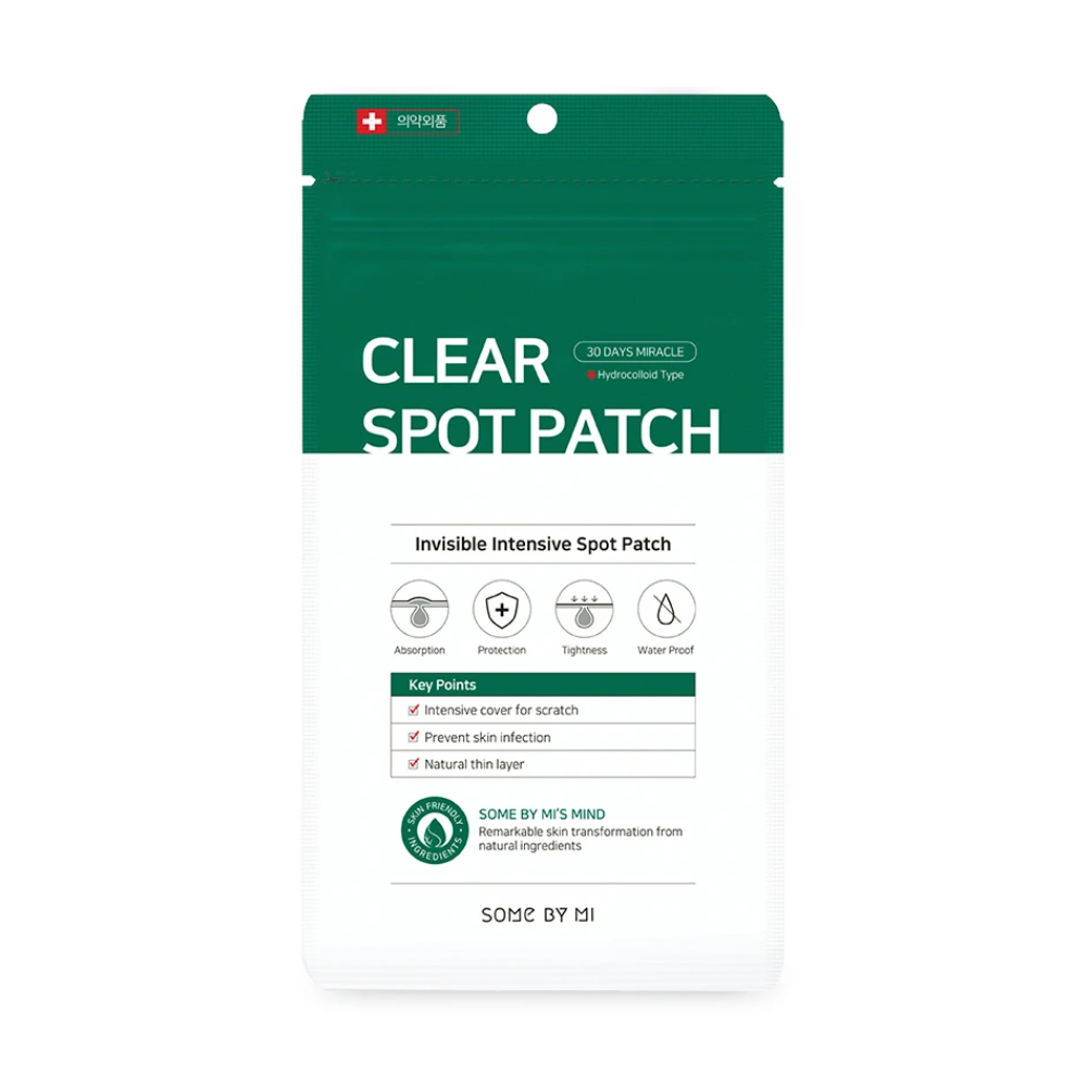 En Some By Mi 30 Days Miracle Clear Spot Patch (18stk) på hvit bakgrunn for akne med evne til å absorbere sårvæske.