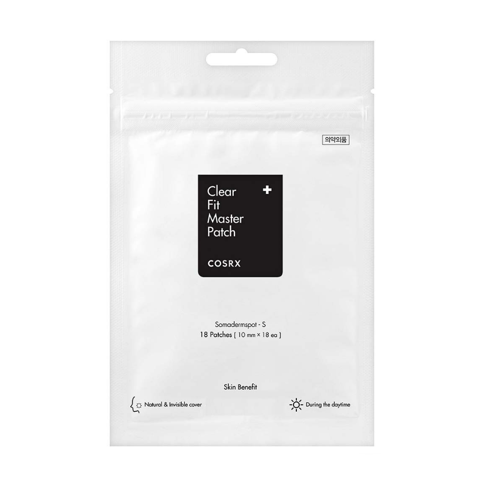 En COSRX Clear Fit Master Patch 18st på en hvit bakgrunn som retter seg mot kviser.