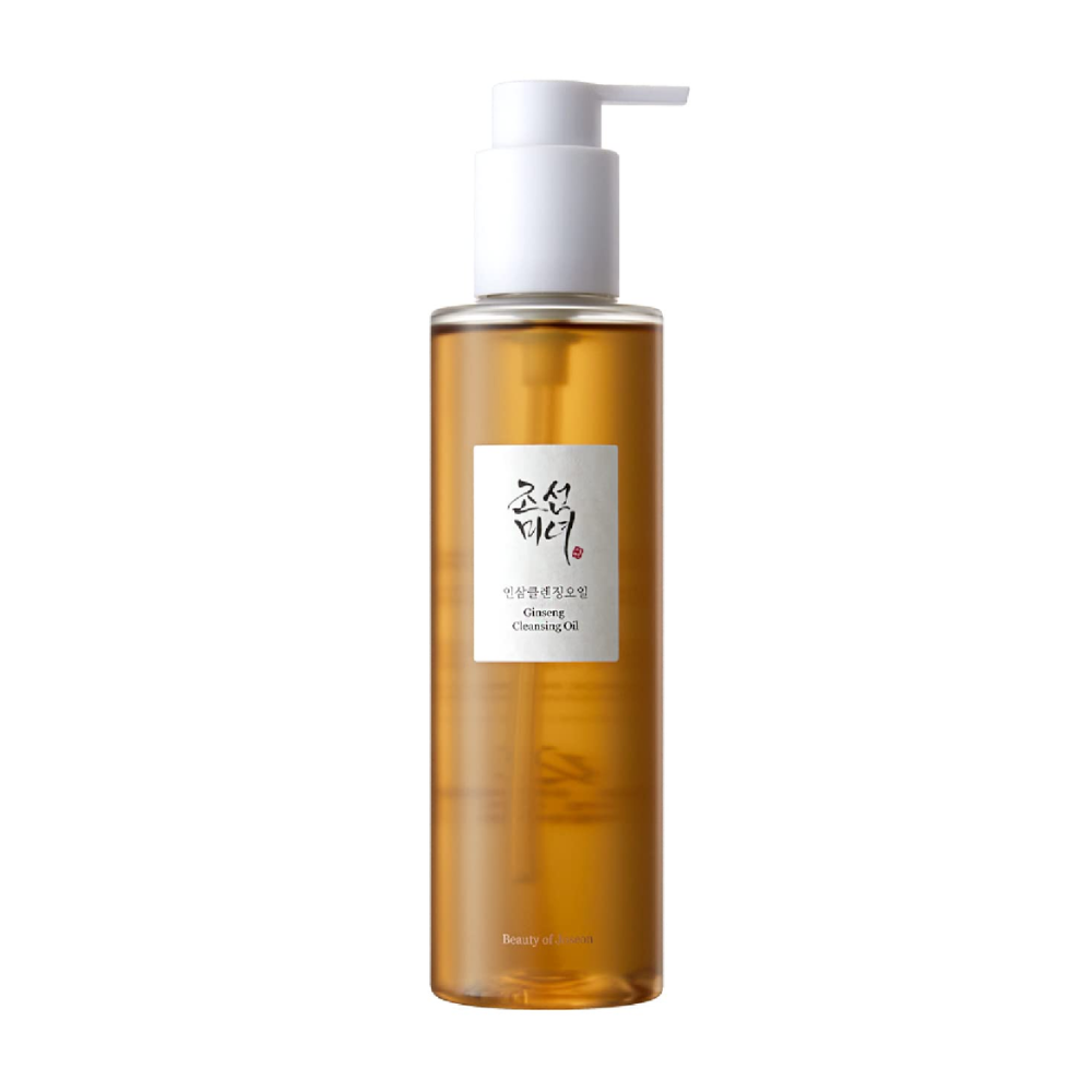 En flaske Beauty of Joseon Ginseng Cleansing Oil 210ml på hvit bakgrunn, med ginseng-frøolje.