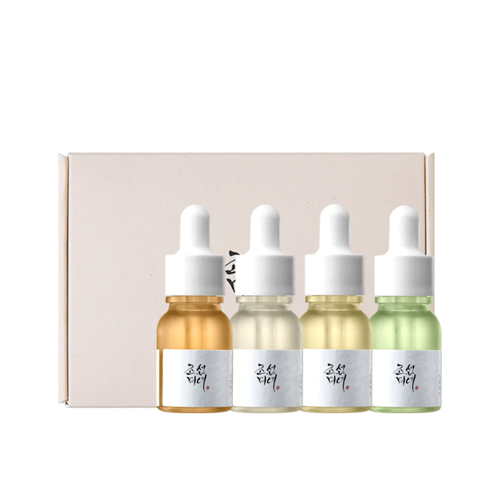 En eske med tre flasker Hanbang Serum Discovery Kit 4 stk fra Beauty of Joseon, som hver fremmer en ungdommelig glød og reduserer rynker.