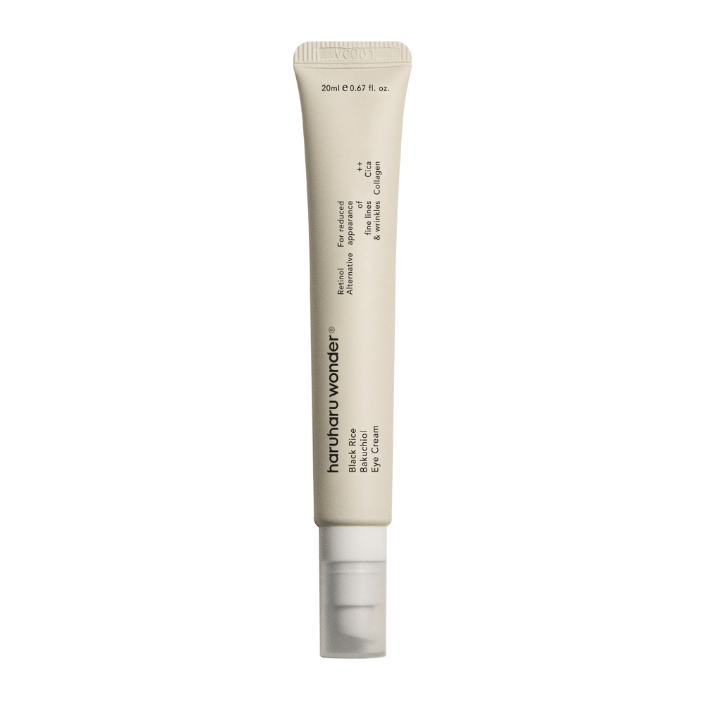 En tube Haruharu Wonder Black Rice Bakuchiol Eye Cream 20ml på hvit bakgrunn for å redusere synligheten av fine linjer og rynker.