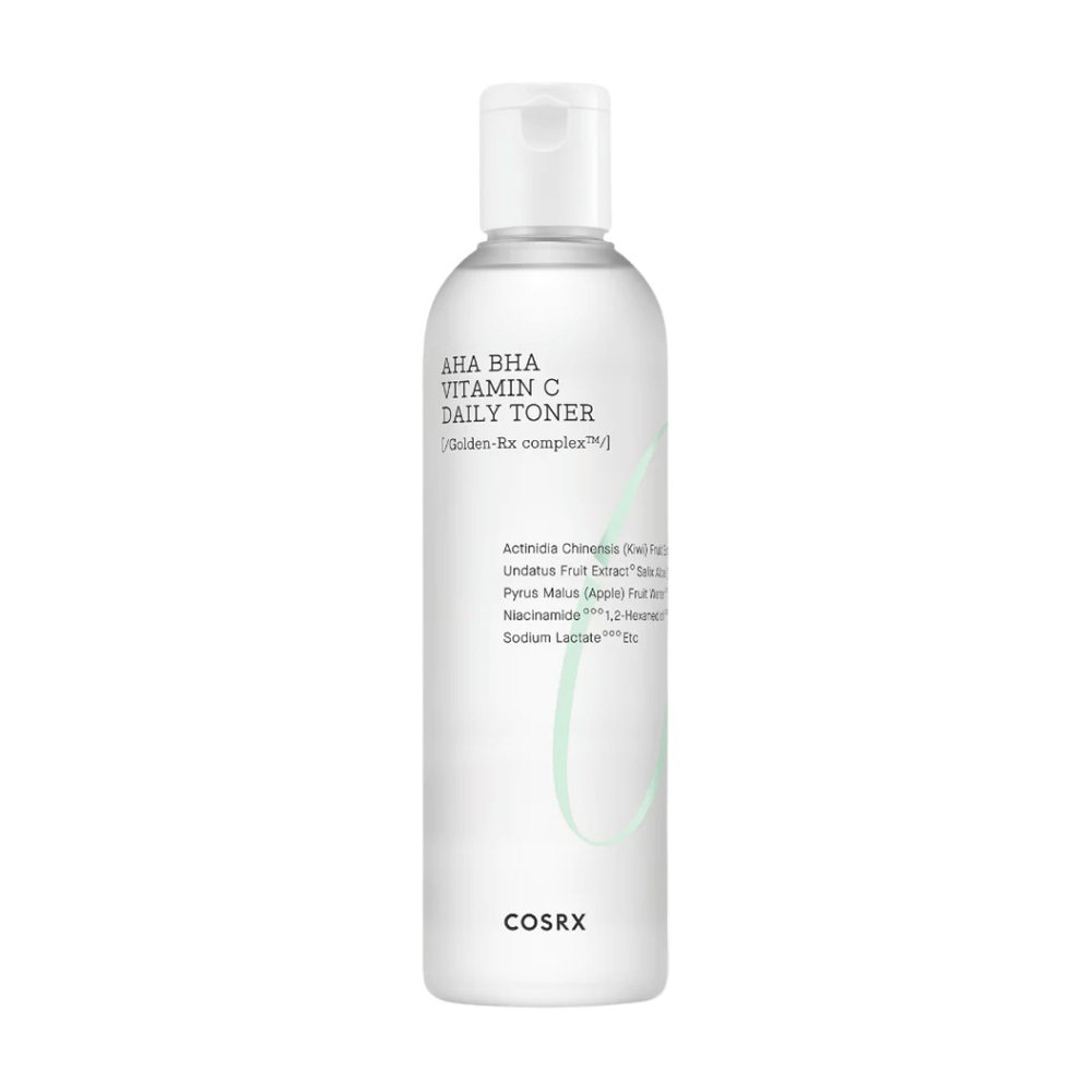 En flaske COSRX Refresh AHA BHA Vitamin C Daily Toner 150ml på hvit bakgrunn.