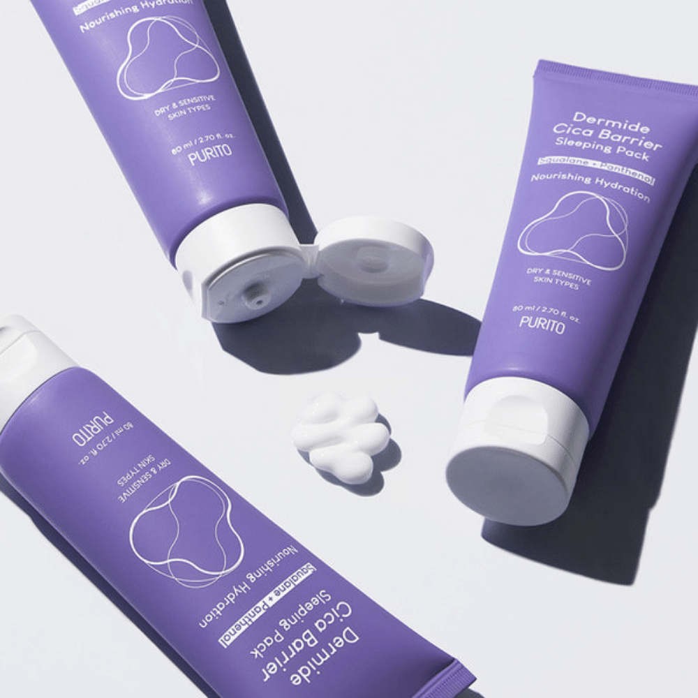 To tuber PURITO Dermide Cica Barrier Sleeping Pack 80ml på en hvit overflate.