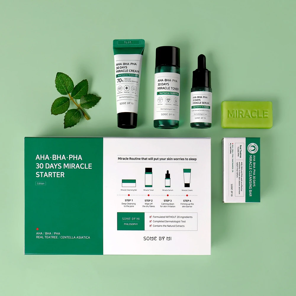 SOME BY MI:s AHA, BHA, PHA 30 Days Miracle Starter Limited Set er en K-beauty koreansk hudpleie med Tea Tree og AHA BHA PHA.