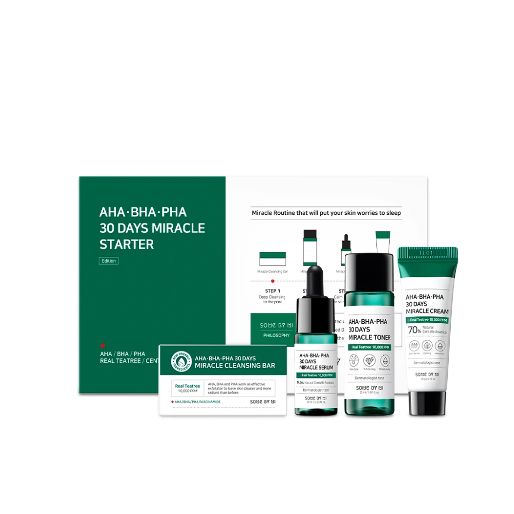 Et sett med SOME BY MI AHA, BHA, PHA 30 Days Miracle Starter Limited Set med en grønn boks.