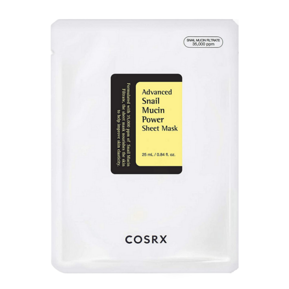 COSRX Advanced Snail Mucin Power Sheet Mask i hvit pakning med svart og gul etikett, beriket med 35 000 ppm snegleekstrakt for fukt, reparasjon og forbedret hudelasticitet.